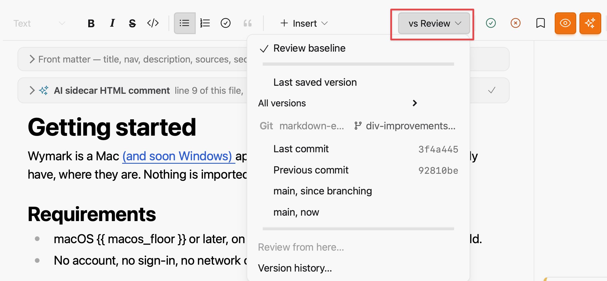The vs Review menu open from the ribbon. Under Review baseline, Last saved version and All versions is a Git section naming the repository and the branch, with Last commit, Previous commit, main since branching, and main now.