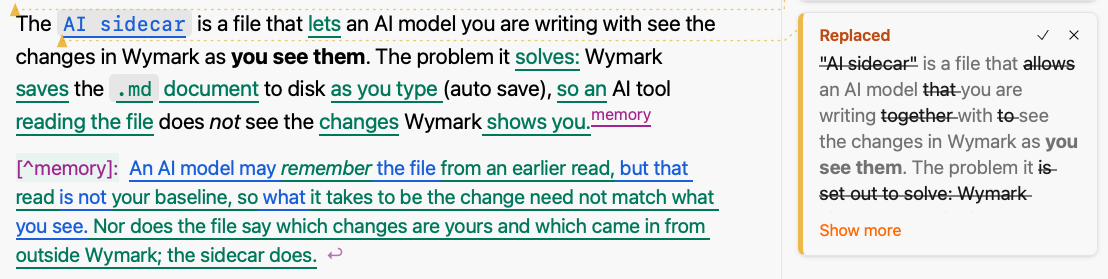 The opening paragraph and its footnote in the Formatted view. Some words are green and underlined, others blue. A card beside the paragraph reads Replaced and shows the earlier wording struck through, with a check and an x.