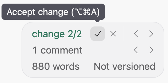 The status chip with the pointer on its Accept change button, and the tooltip Accept change (Option-Command-A).