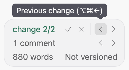 The status chip with the pointer on its Previous change button, and the tooltip Previous change (Option-Command-Left).