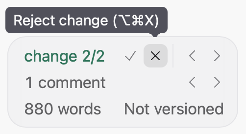 The status chip with the pointer on its Reject change button, and the tooltip Reject change (Option-Command-X).