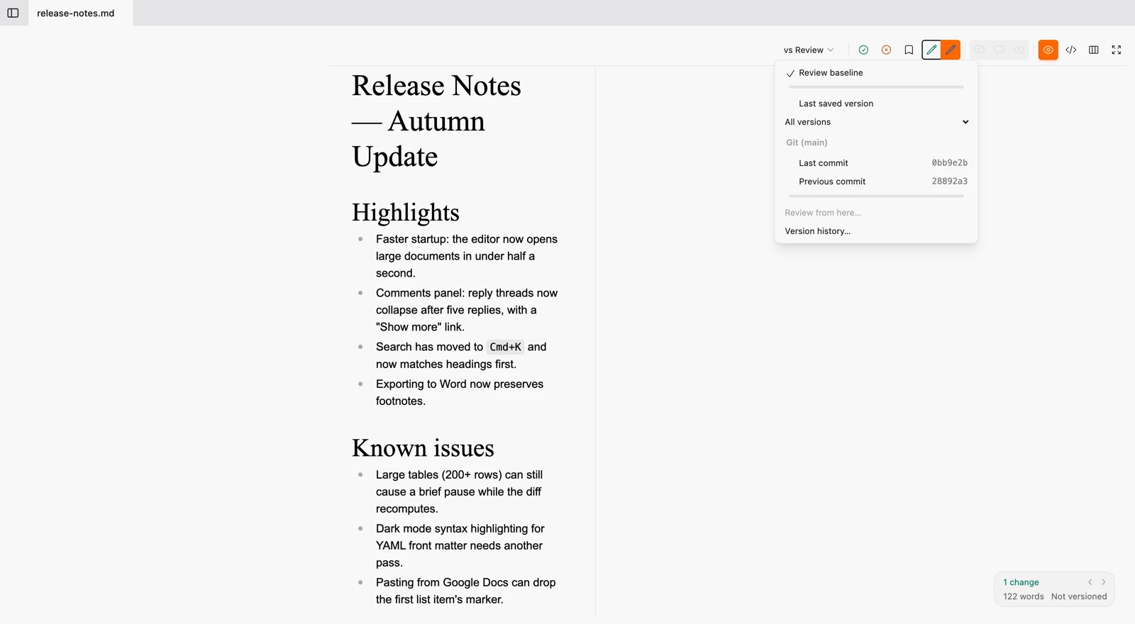 The vs menu open on a Wymark document, showing Review baseline (checked),
            Last saved version, All versions, a Git section headed by a branch icon and the branch name, listing Last commit and
            Previous commit each with their short hash, Review from here, and Version history.